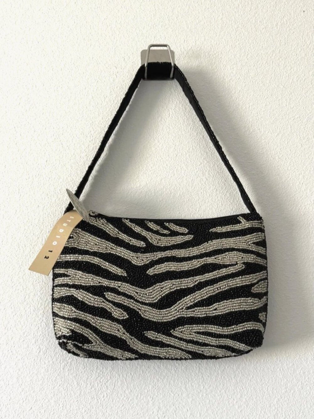 Studio 12 Luxury Hand-Beaded Zebra Shoulder Bag Black India NWT